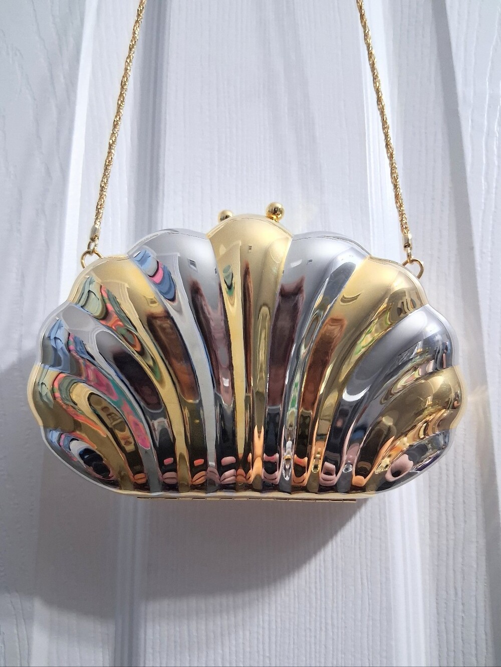 Vintage Clam Shell Minaudière Convertible Clutch Bag With Chain Silver And Gold